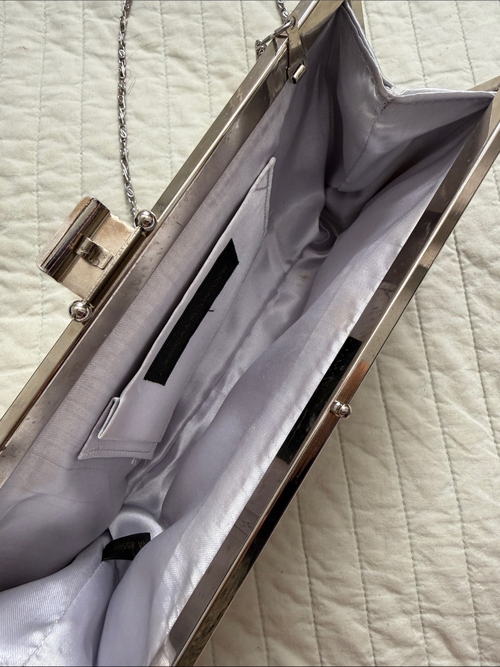 Jessica McClintock Silver Metallic Evening Clutch with Chain - Picture 3 of 5